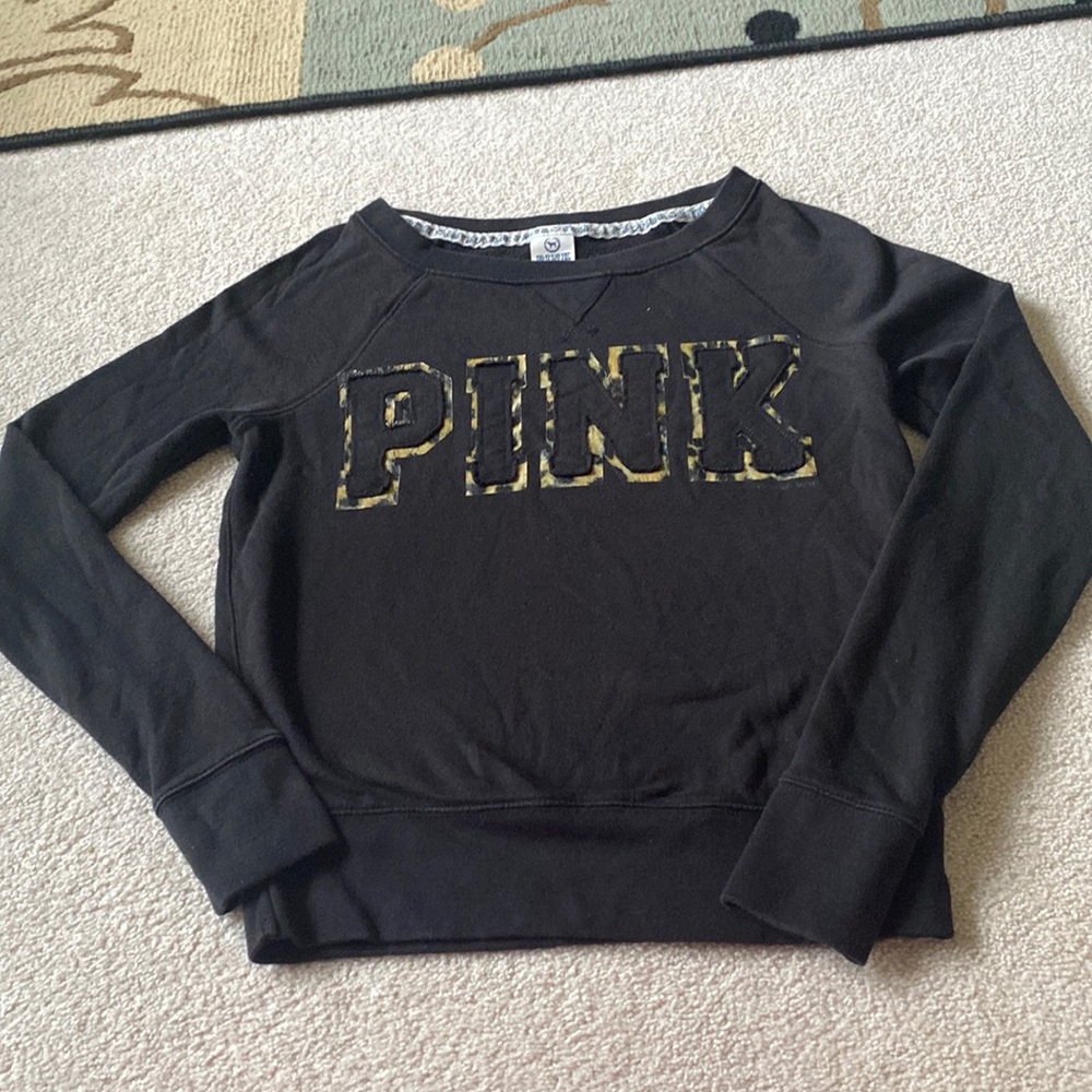 Pink Victoria’s Secret Black sweatshirt with leopard print lettering